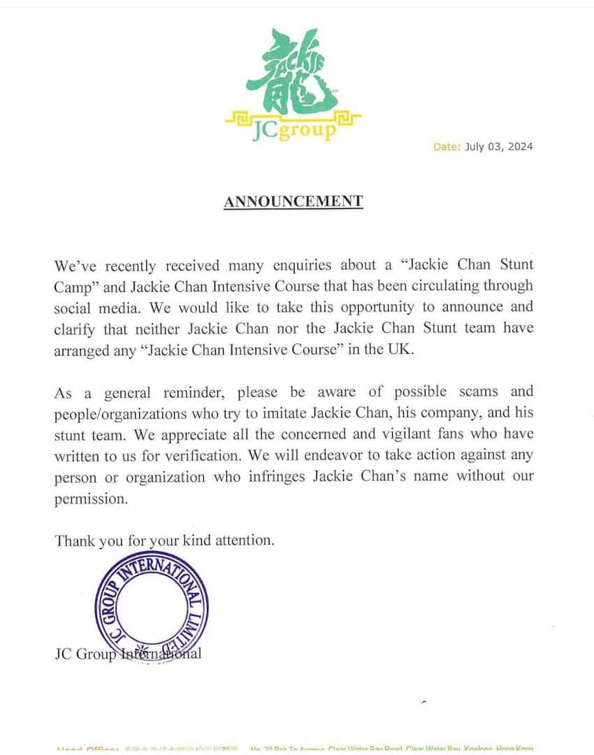 featured image for Jackie Chan Stunt Team Denounces Stunt Camp as Scam