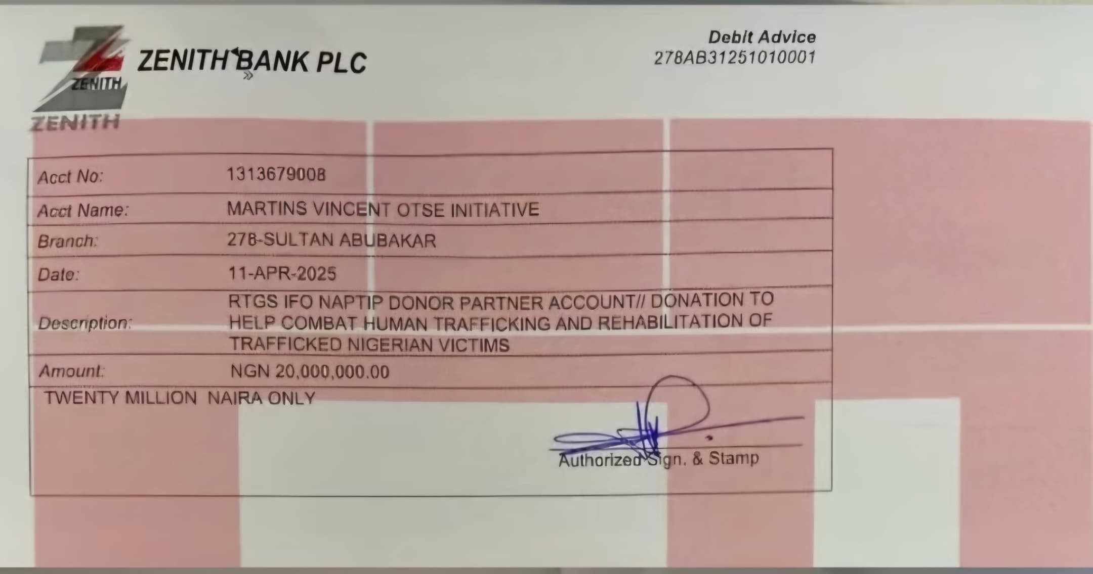 Twenty Million Naira Cheque To NAPTIP